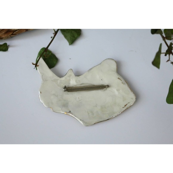 Large Ceramic Rhinoceros Brooch Gold Rimmed Safari African Animal Pin Art Wear - Picture 3 of 6